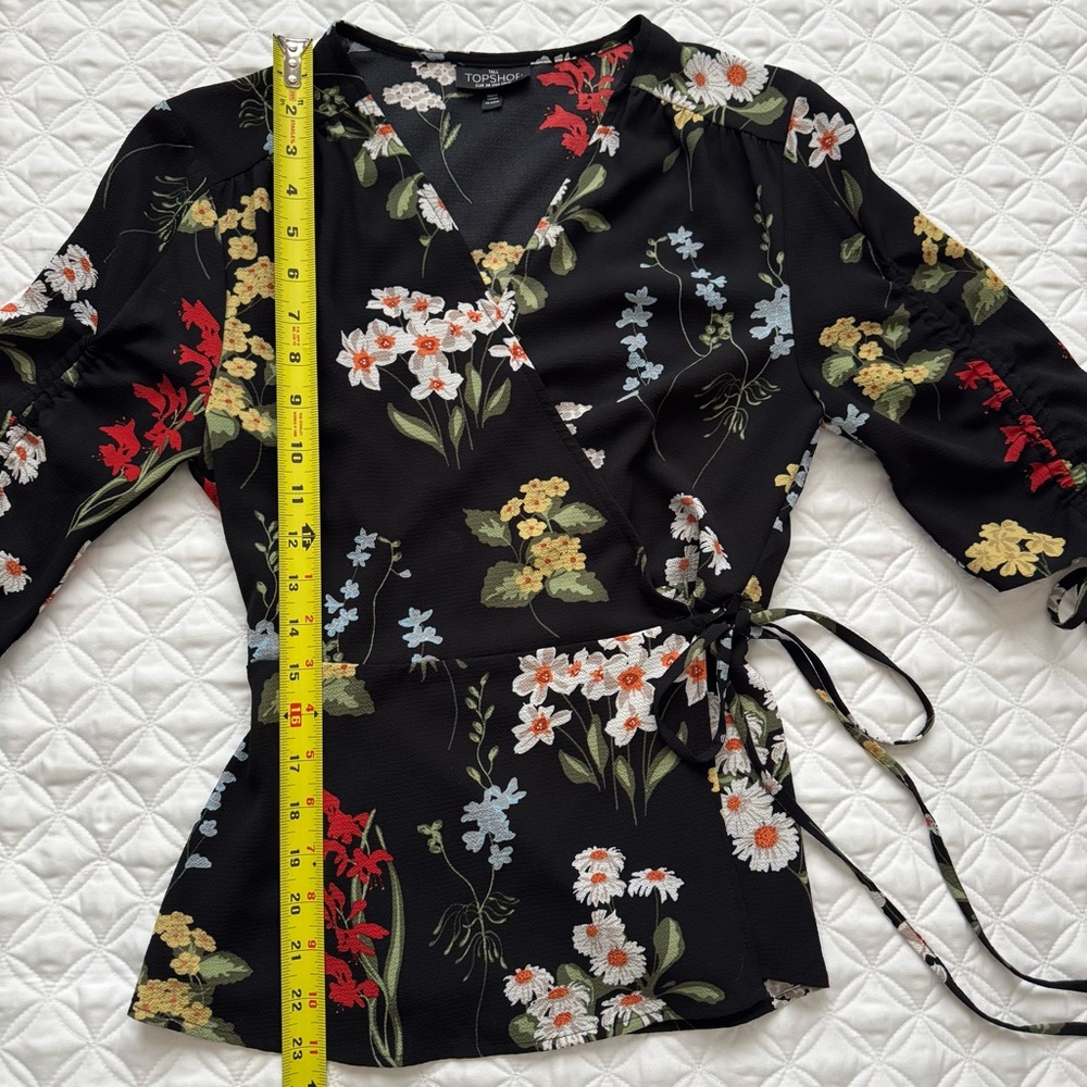 Topshop Black V-Neck Floral Wrap Tie Ruched Elbow Length Sleeve Blouse Sz 6 Tall - Picture 8 of 16